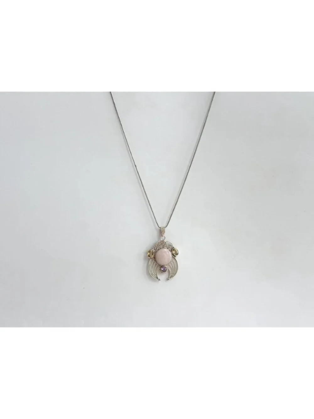 Rose Quartz Amethyst & Citrine Sterling Silver 925 Vintage Pendant Necklace 20